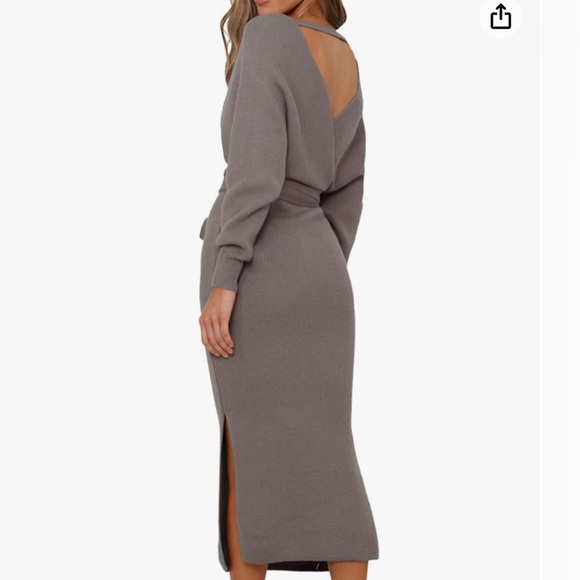 NWT Women's V Neck Long Sleeve Wrap Midi Knit Sweater Dress Backless w/Belt Slit - Picture 2 of 3